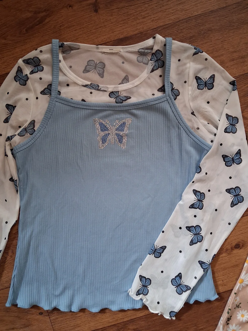 Blue Butterfly Layered Mesh Long Sleeve Top. And Floral Scrunched Blouse.